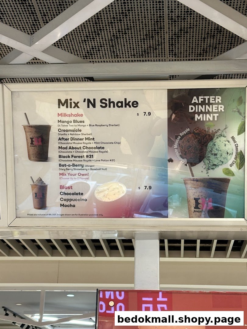 A Baskin-Robbins menu board displaying milkshakes and blasts with prices.