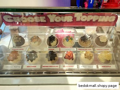 Display case showing various ice cream toppings for selection.