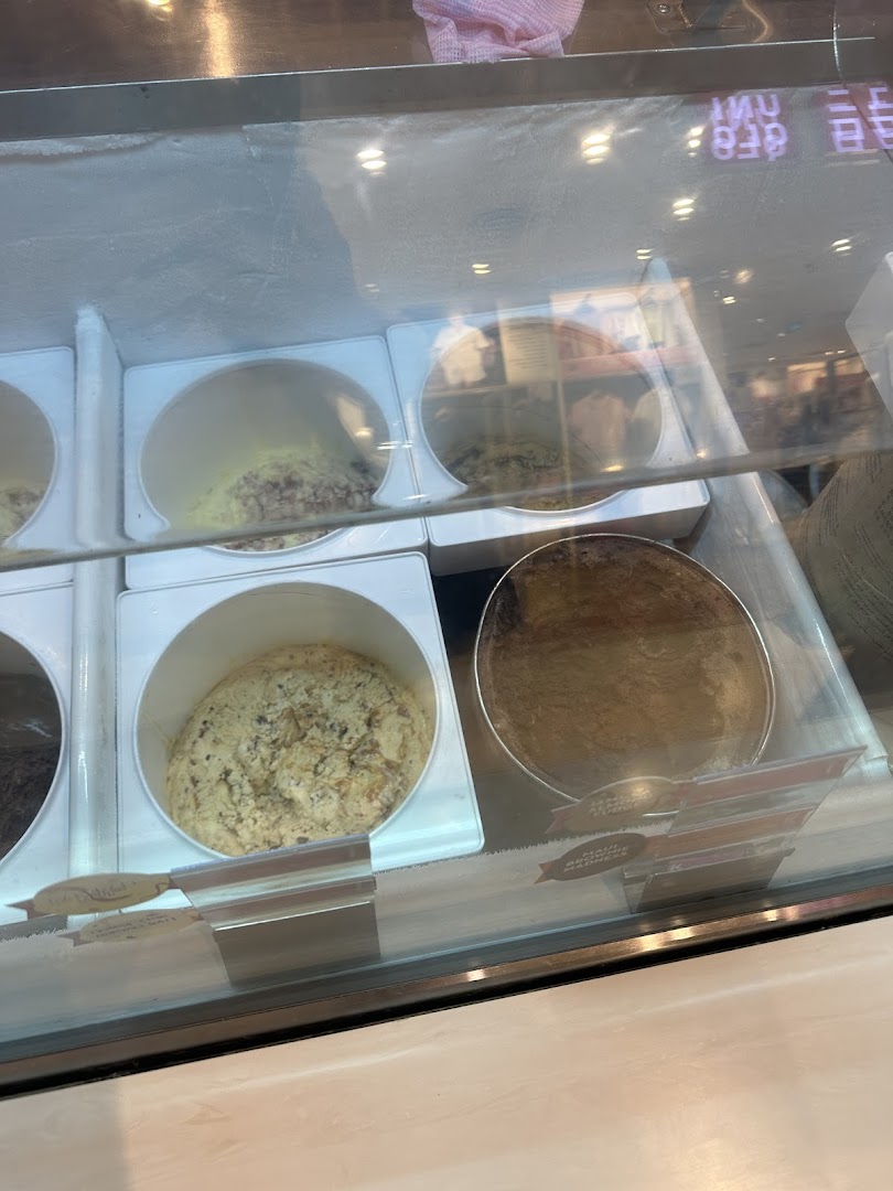 Close-up view of various ice cream flavors in a display freezer.
