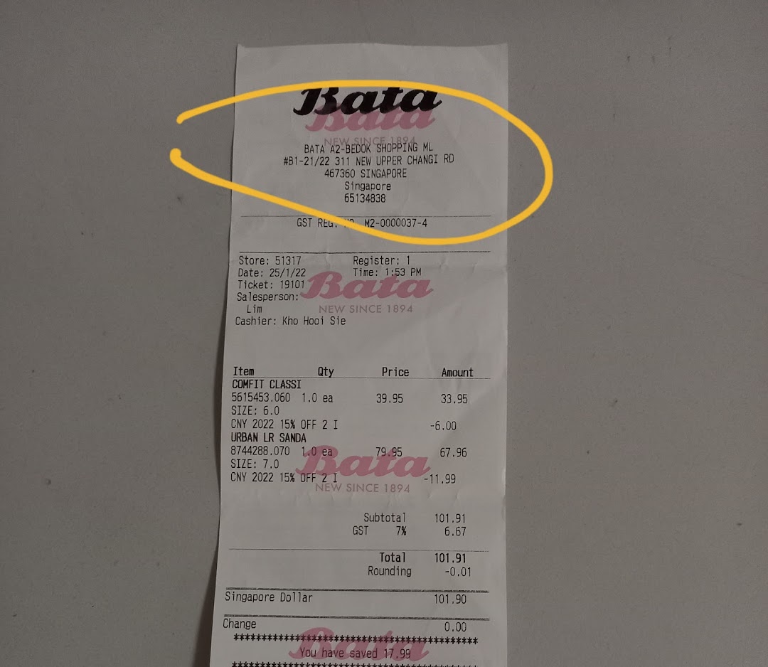 A detailed retail receipt from Bata showing purchased items and prices.