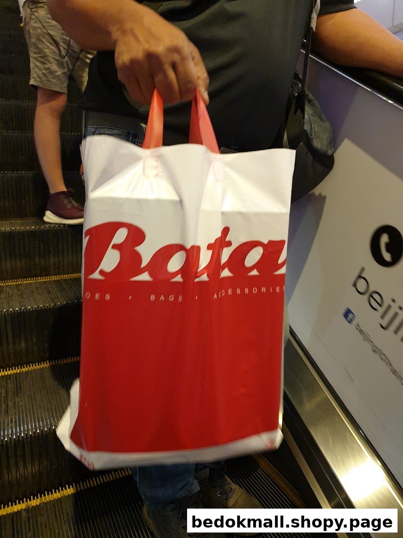 Person holding a Bata shopping bag while riding an escalator.