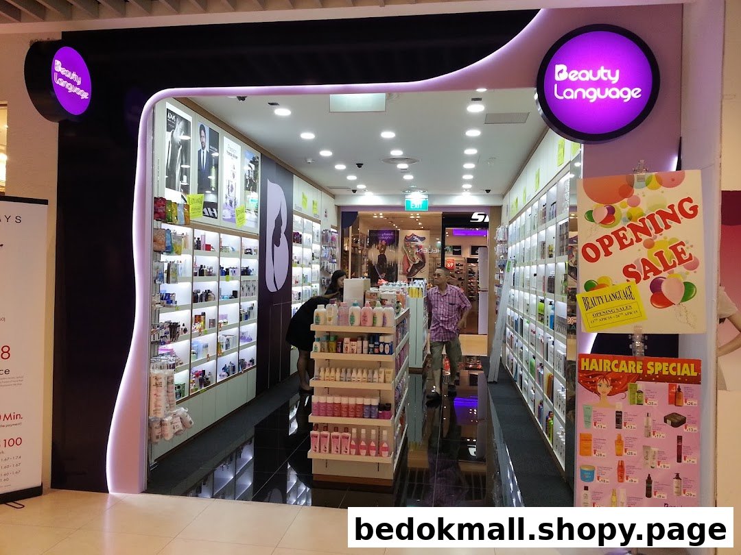 Entrance of 'Beauty Language' shop with products visible inside and promotional signs.