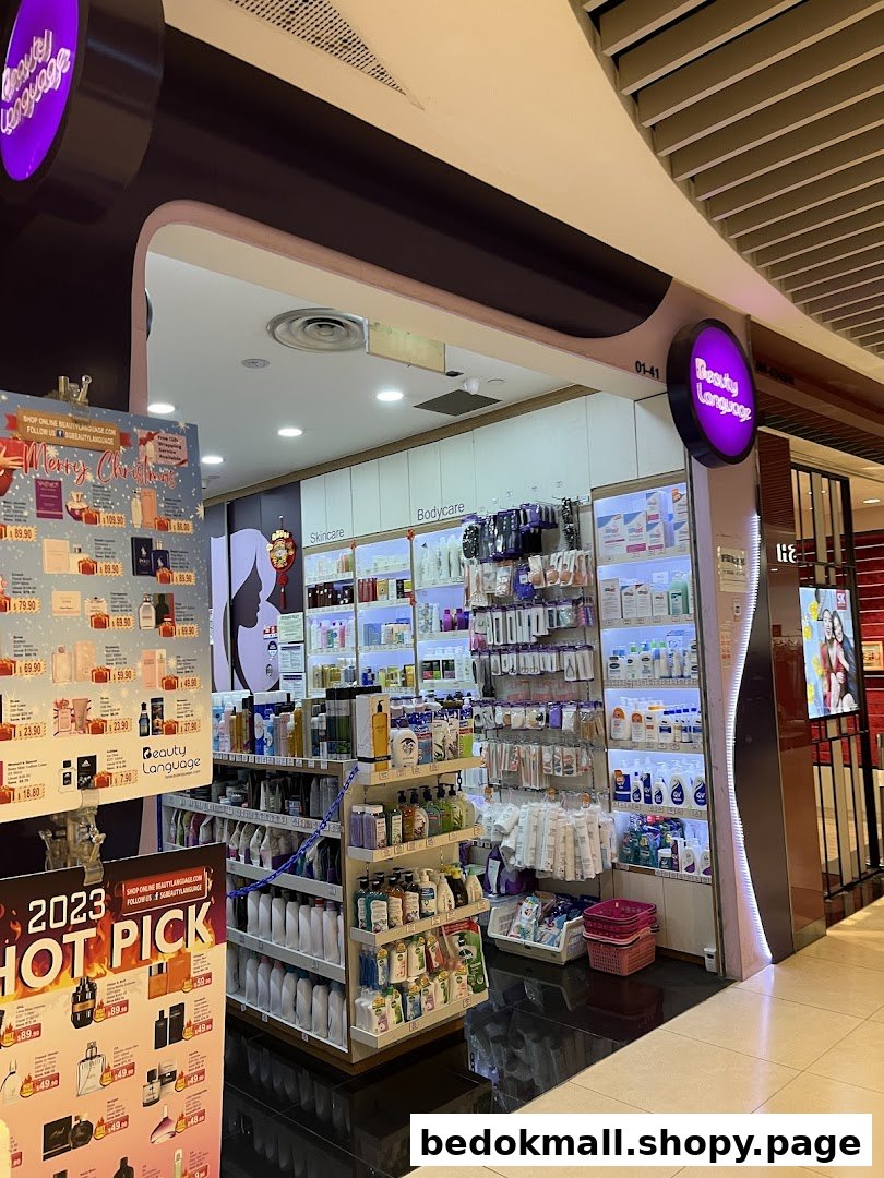Entrance of Beauty Language shop with skincare products and promotional posters.