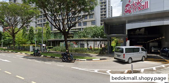 Bedok Mall carpark entrance with a van entering, road, and trees.