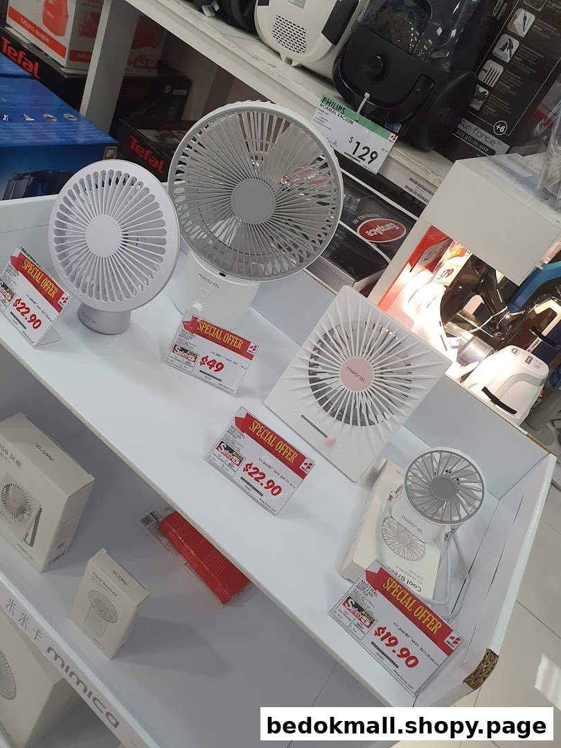 Retail display of various fans on shelves with price tags in a store.