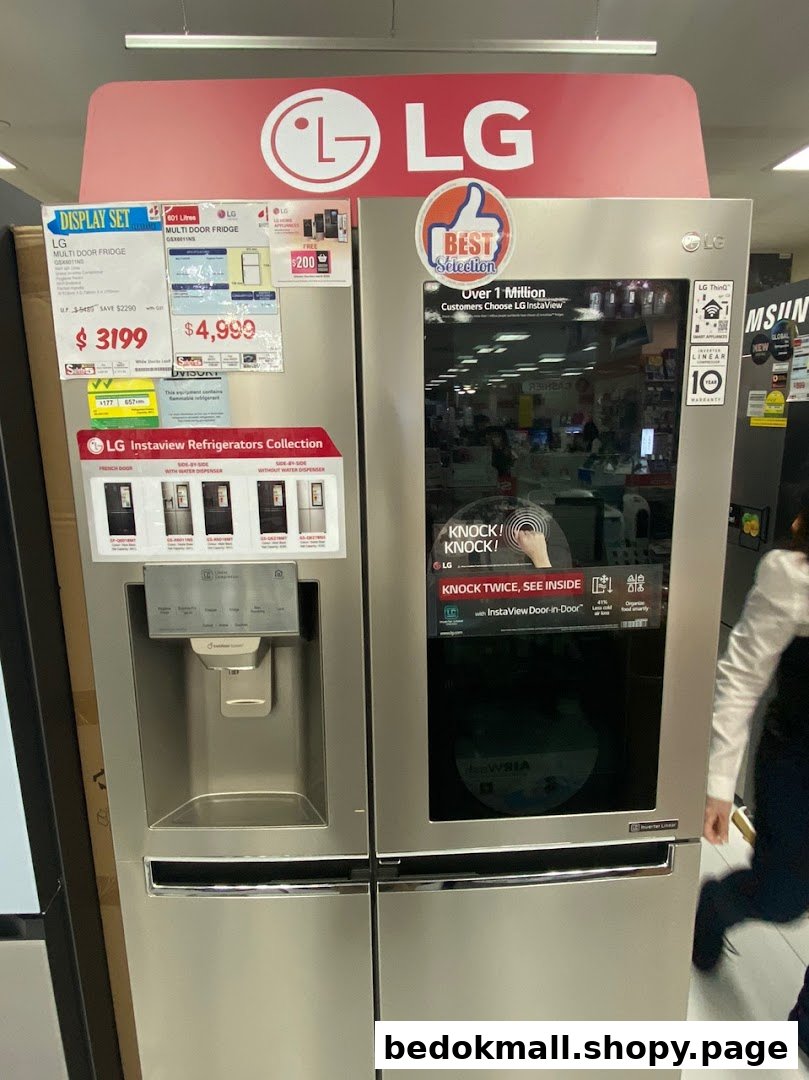 LG refrigerator display with pricing in an electronics store.