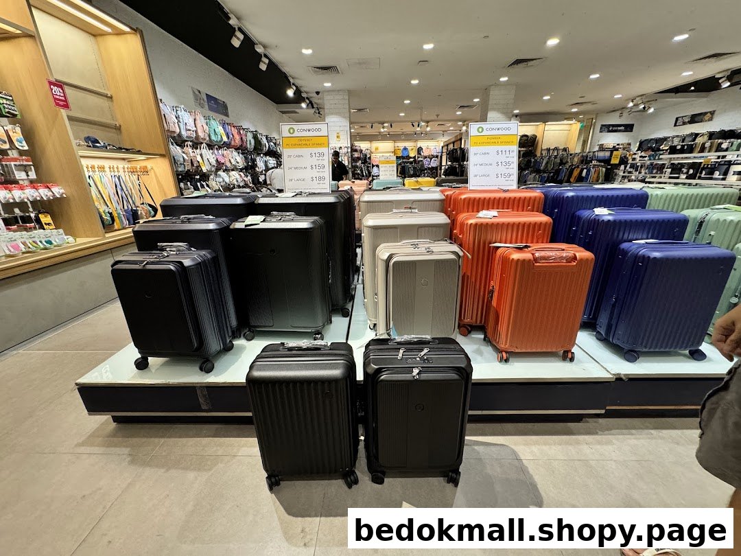 Interior view of a shop displaying various suitcases and travel accessories.