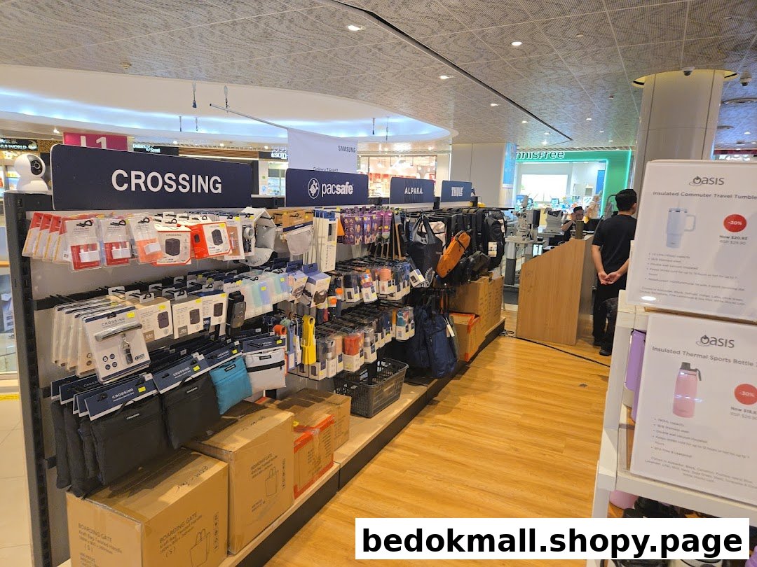 Interior view of a retail shop displaying travel accessories and bottles on shelves.