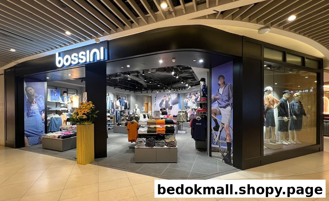 Exterior view of a Bossini clothing store with display windows and entrance.