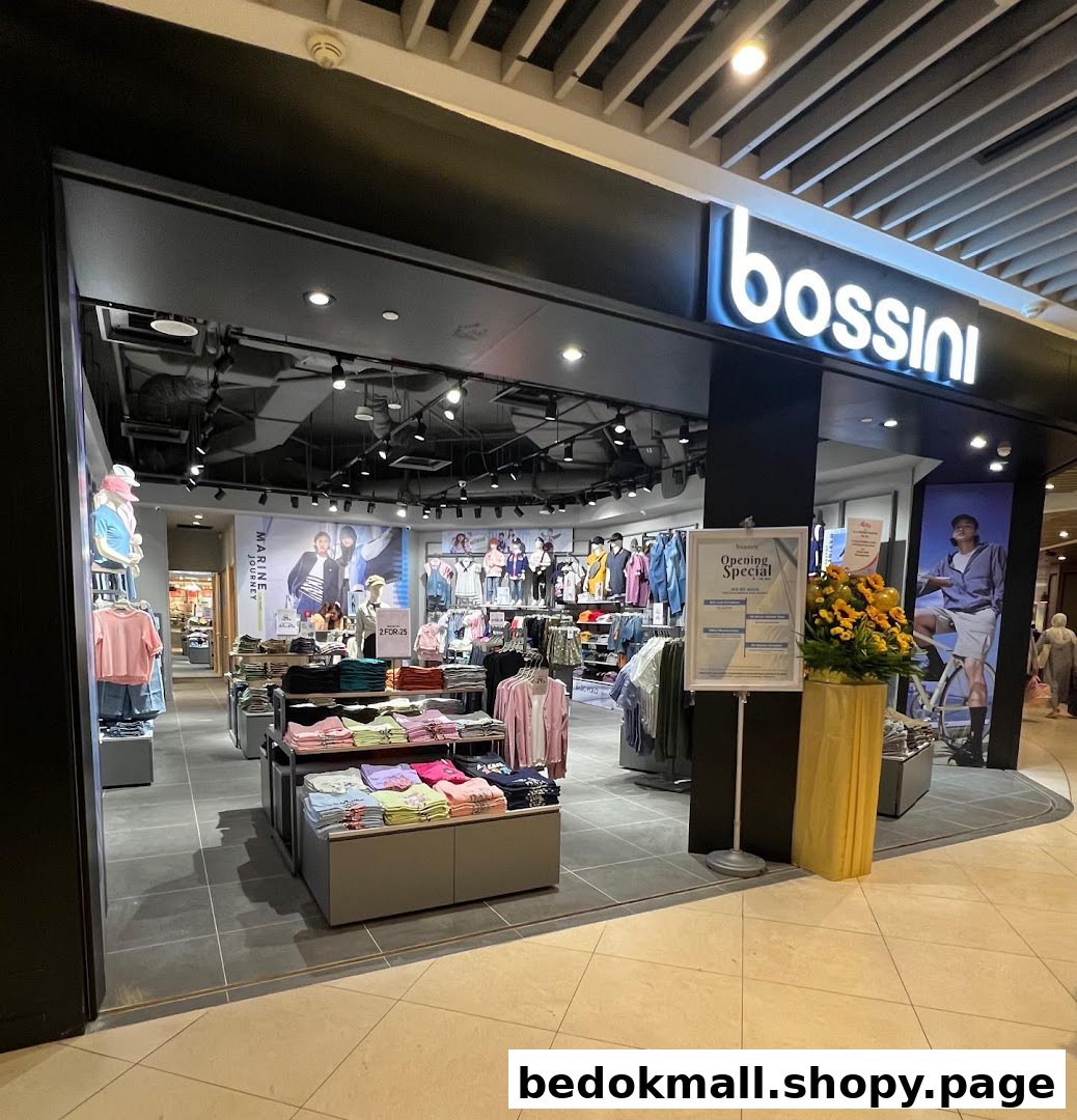 Shop entrance with bossini sign, visible interior, and an 'Opening Special' display.