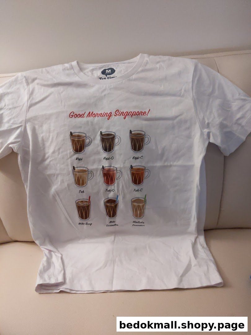 A white t-shirt featuring illustrations of various Singaporean drinks.