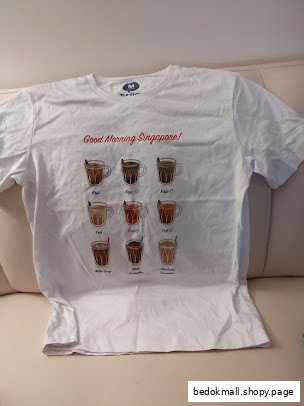 White t-shirt with illustrations of different Singaporean coffee/tea drinks.