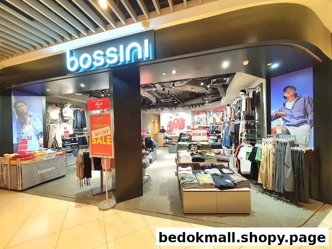 Front view of a Bossini clothing store with visible displays and sale signs.