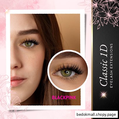 Image shows a woman with eyelash extensions, promoting 'Classic 1D' style.