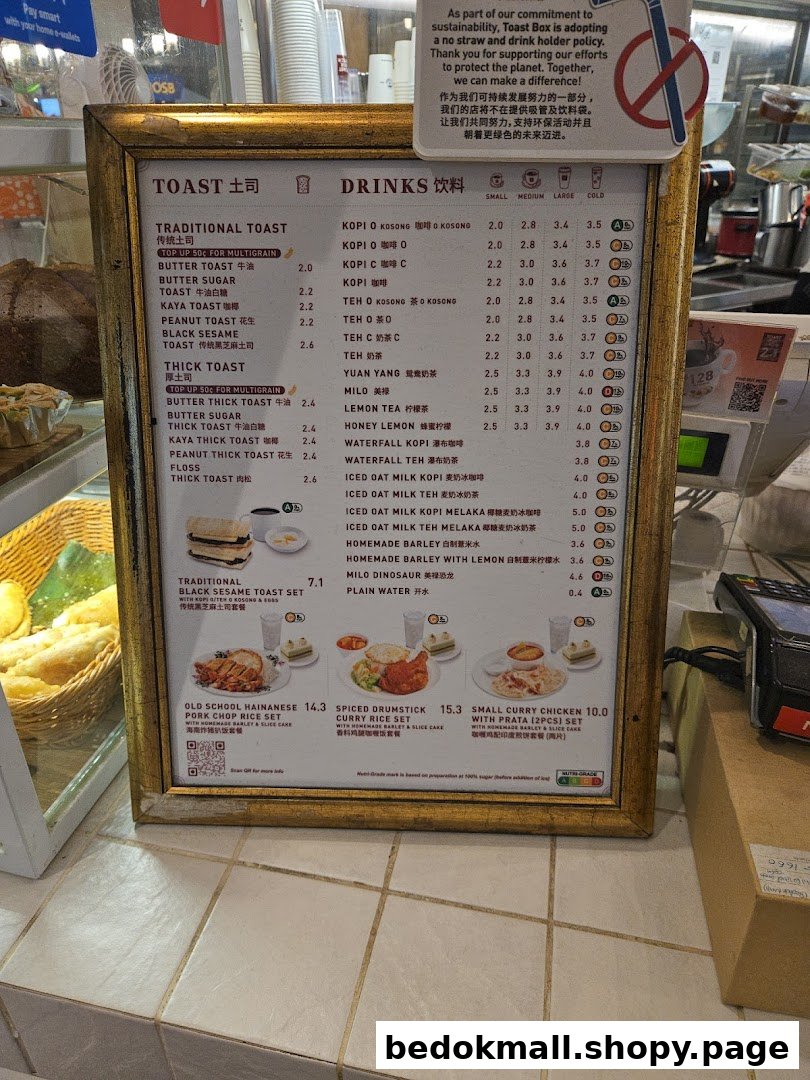 A detailed menu board displaying toast, drinks, and meal sets inside a shop.