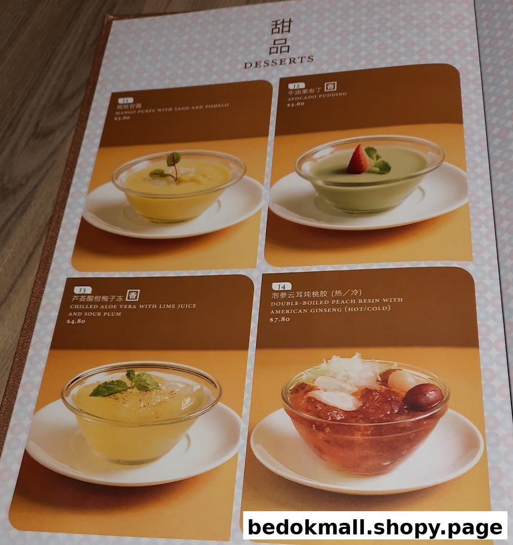 A page from a dessert menu displaying various sweet dishes with prices.