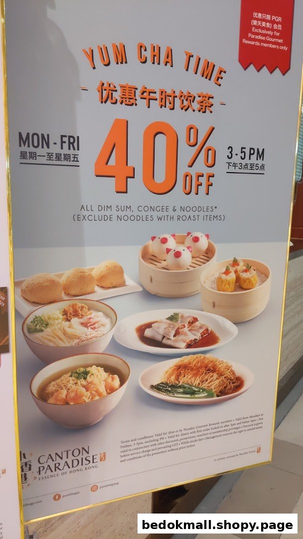 Promotional poster for Canton Paradise showing dim sum and noodle dishes with a discount.