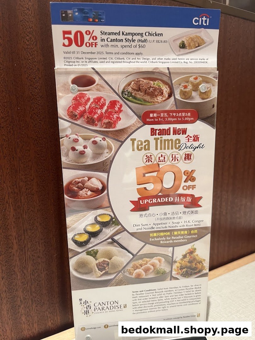 Promotional menu display with food images and discount offers for tea time.