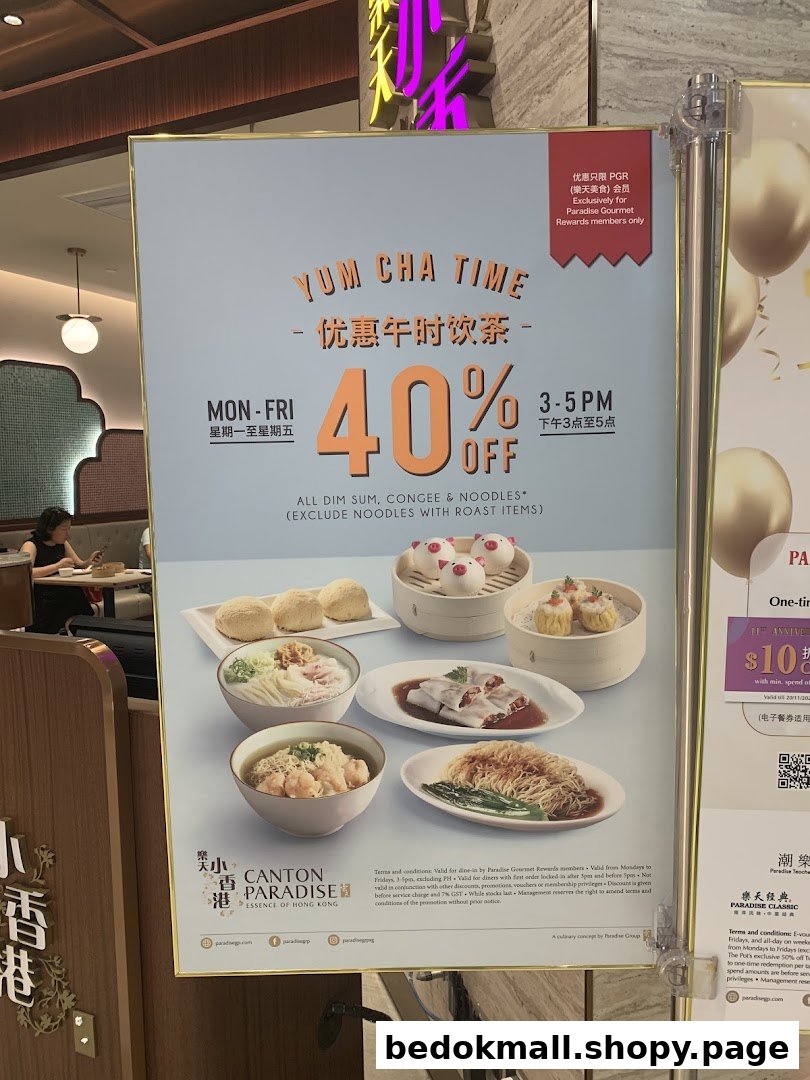 Promotional poster for a dim sum and noodle discount with food images.