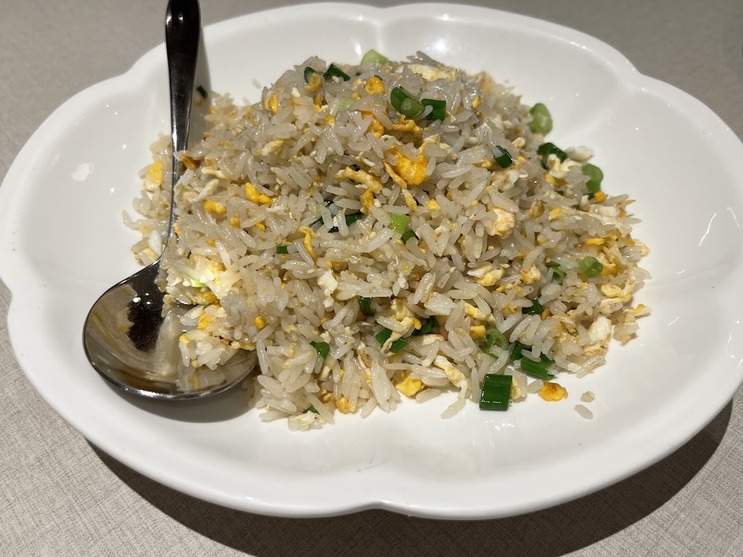 A plate of fried rice with egg and green onions, and a spoon.