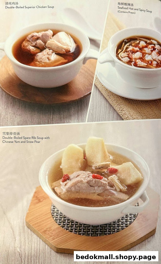 Image shows three different soup dishes from a menu with descriptions.