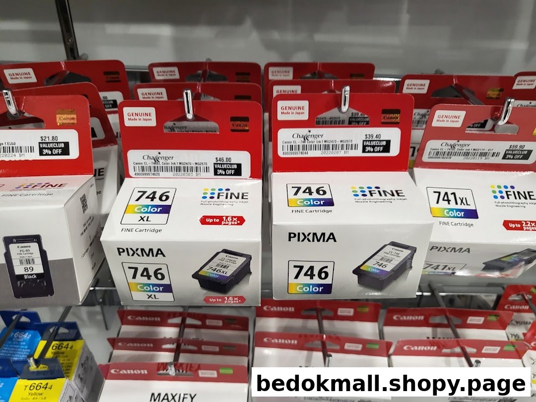 Shelves filled with various Canon printer ink cartridges for sale.