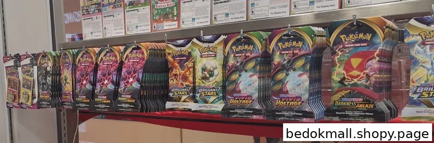 Display of various Pokémon Trading Card Game booster packs on a retail shelf.