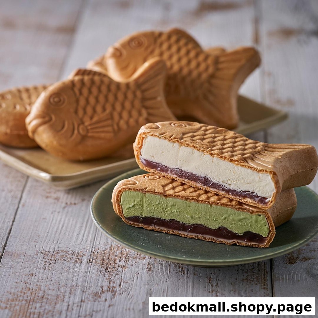 Taiyaki ice cream sandwiches with vanilla and matcha fillings.