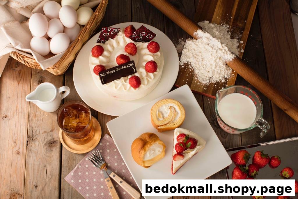 A flat lay of cakes, pastries, and baking ingredients on a wooden surface.