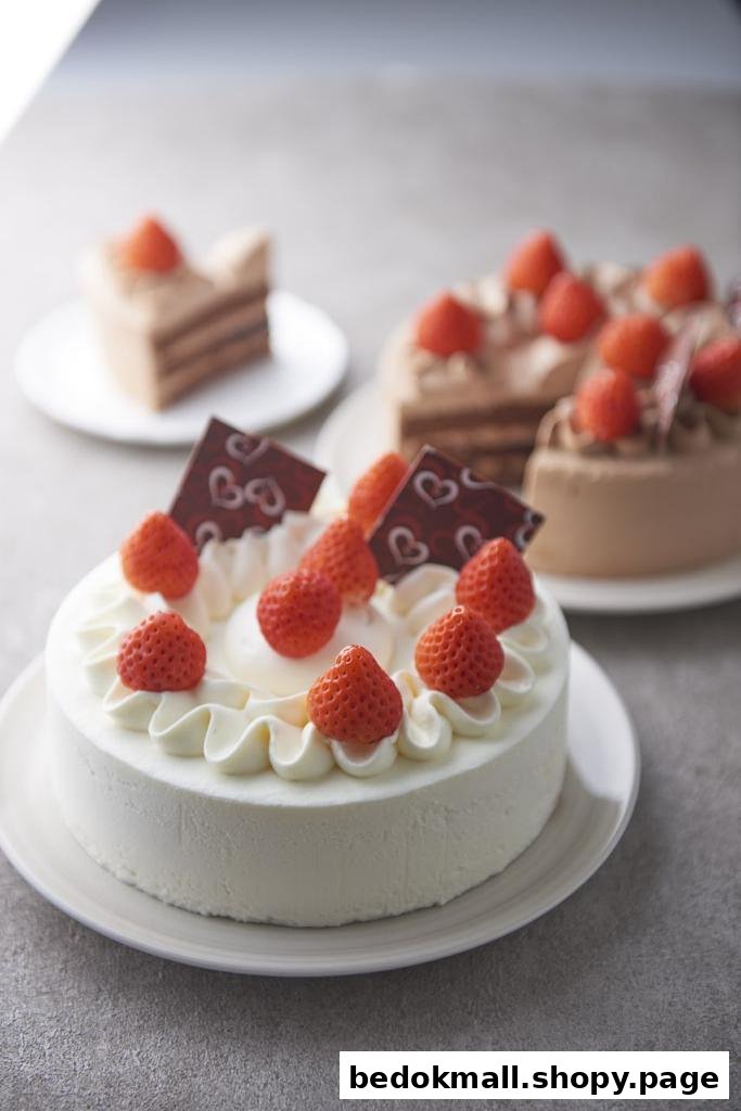 A white cream cake with strawberries and chocolate decorations, with other cakes in the background.