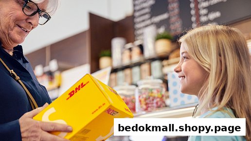 Woman holding DHL package, talking to girl in a shop.