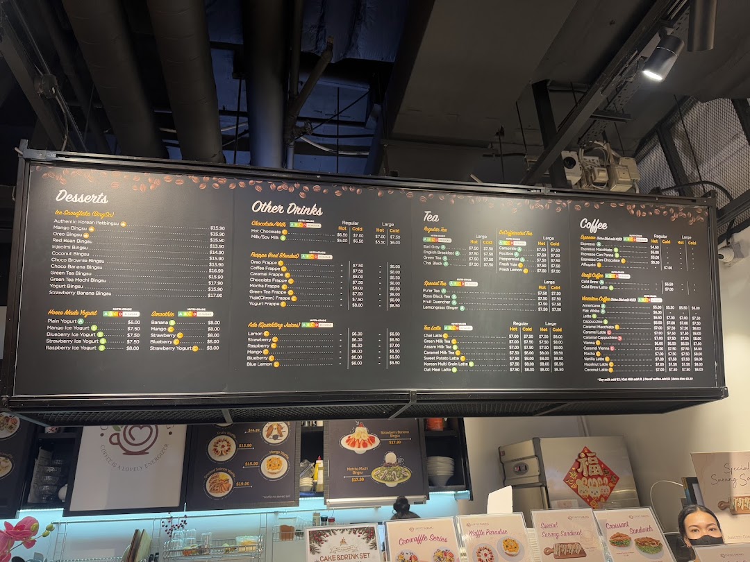 A large overhead menu board displaying drinks, desserts, and prices.
