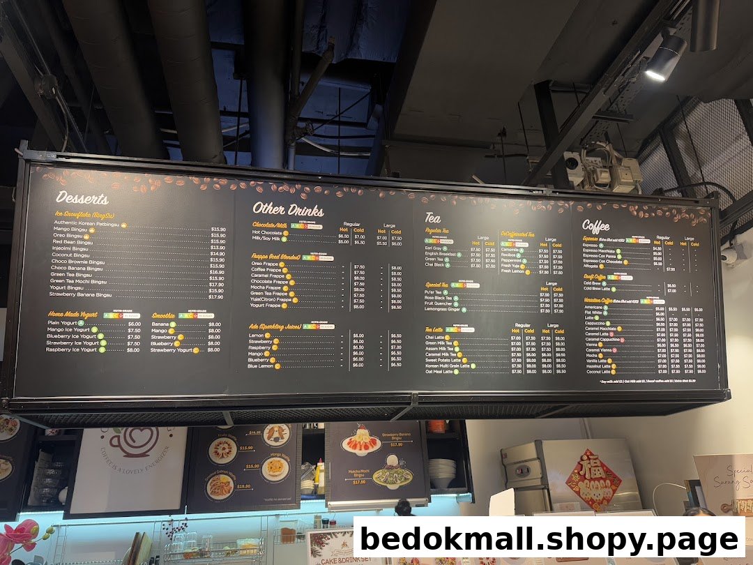 A large overhead menu board displaying drinks, desserts, and prices.