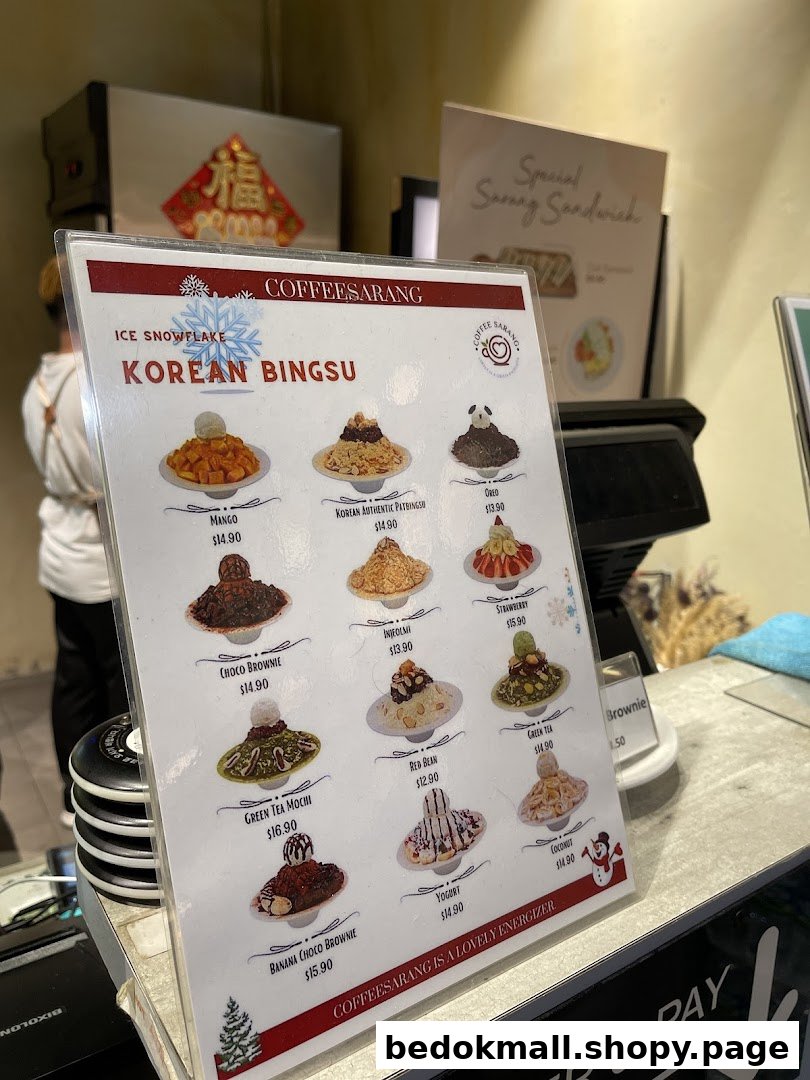 A menu displaying various Korean Bingsu desserts with prices.