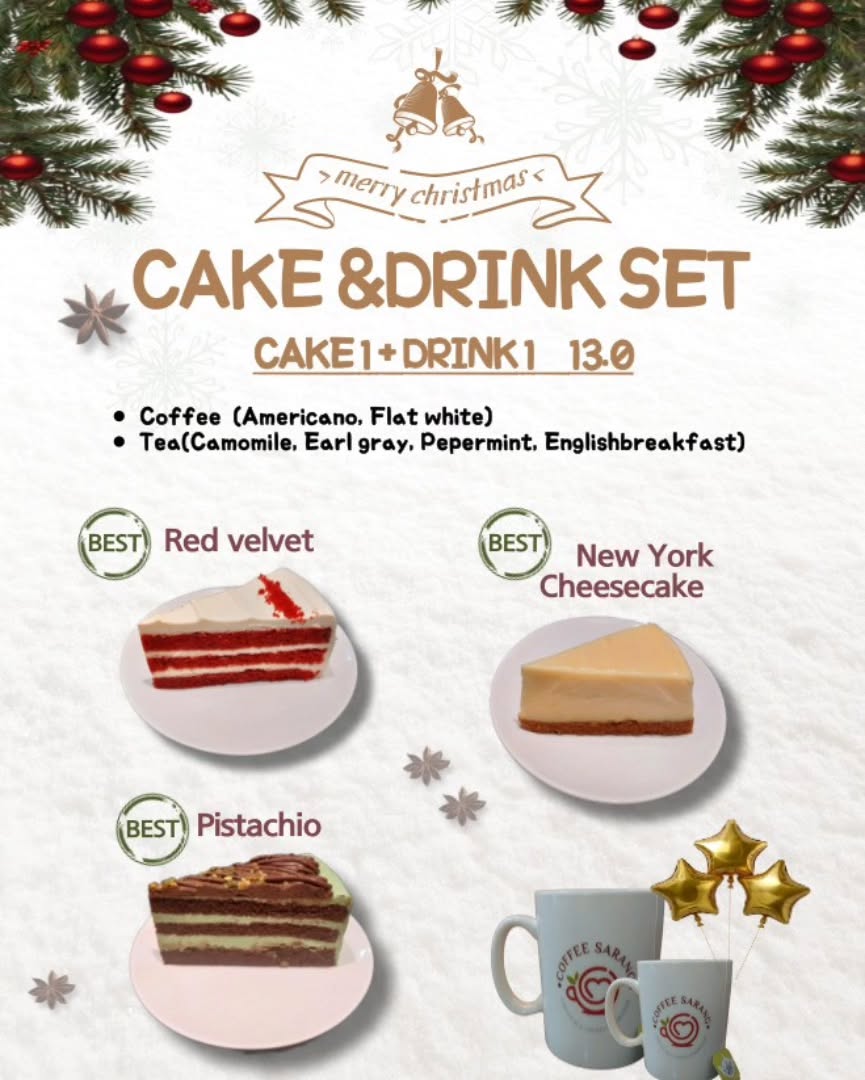 Christmas-themed menu displaying cake and drink sets with prices.