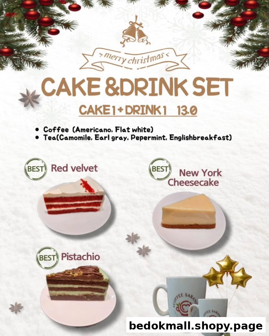 Christmas-themed menu displaying cake and drink sets with prices.