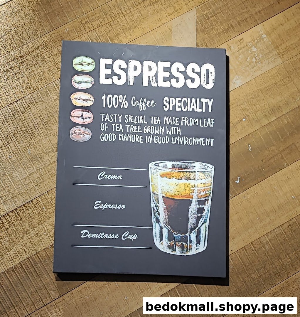 Black sign describing espresso with an illustration and its layers.