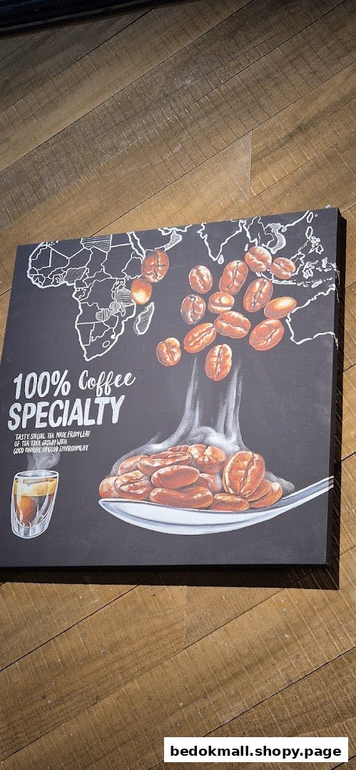 A sign with coffee beans, a map, and text about coffee specialty.