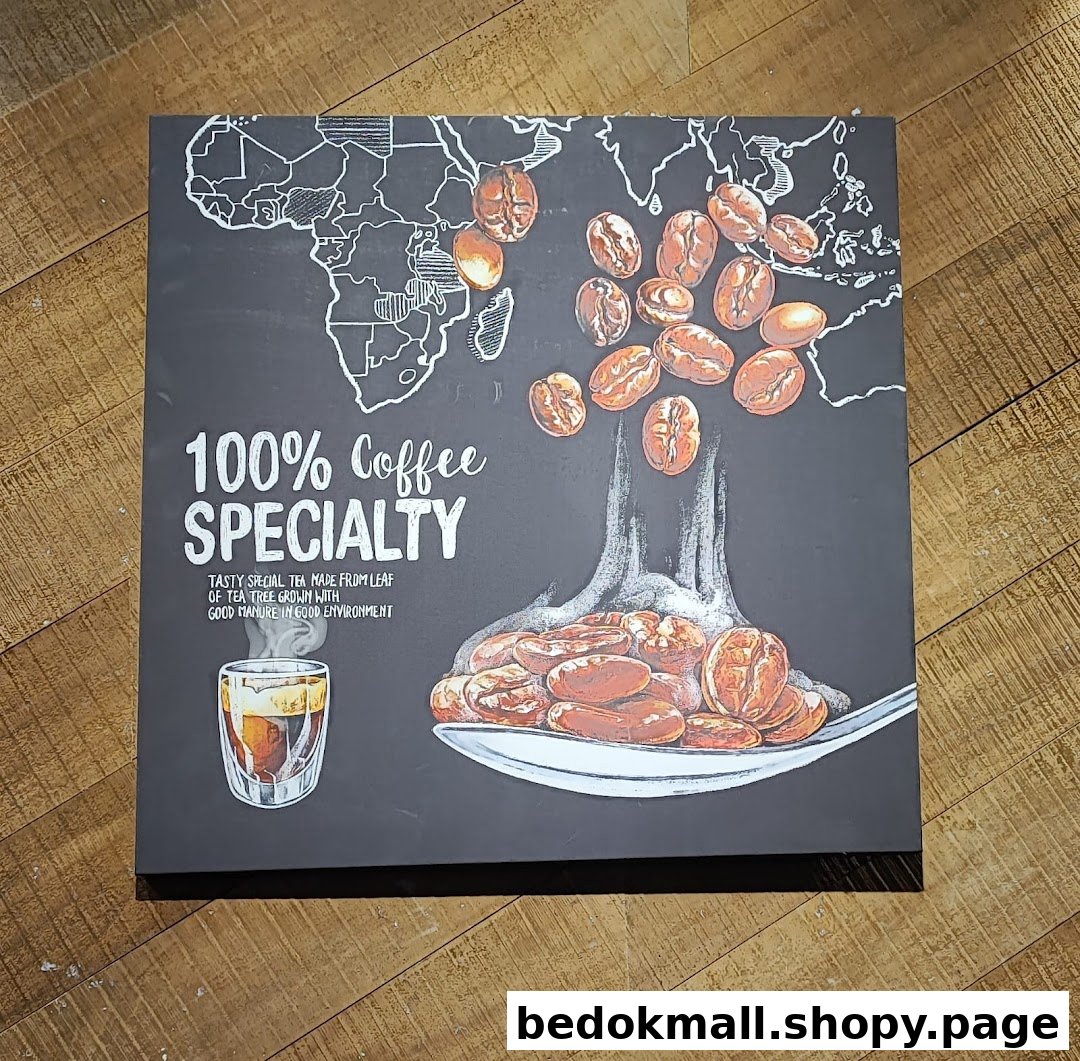 Sign promoting coffee specialty with coffee beans and a drink illustration.