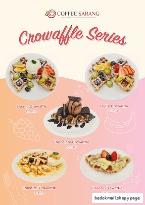 A menu displaying various crowaffle desserts with prices from Coffee Sarang.