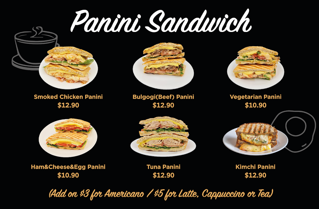 Menu showing different panini sandwiches with prices and drink add-ons.