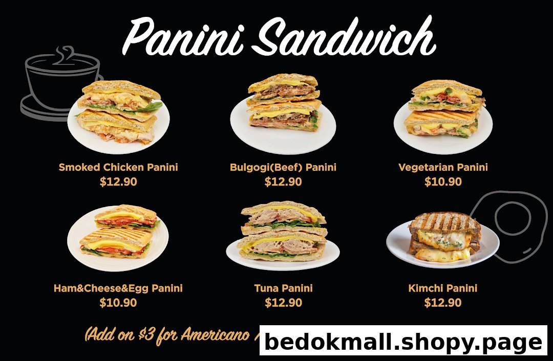 Menu showing different panini sandwiches with prices and drink add-ons.