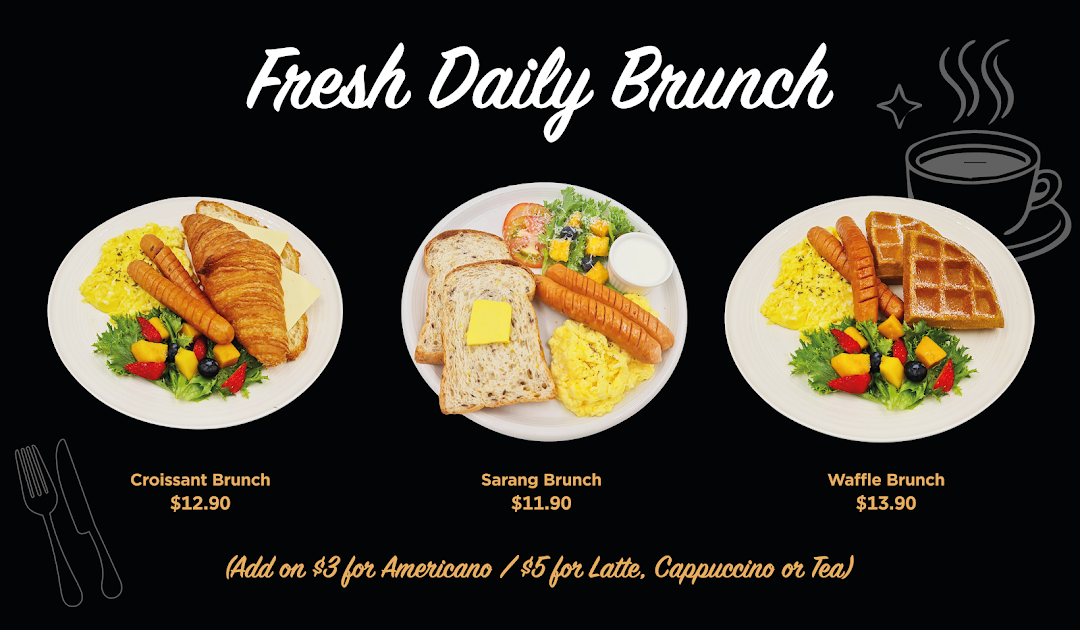Image shows a menu with various brunch plates and their prices.