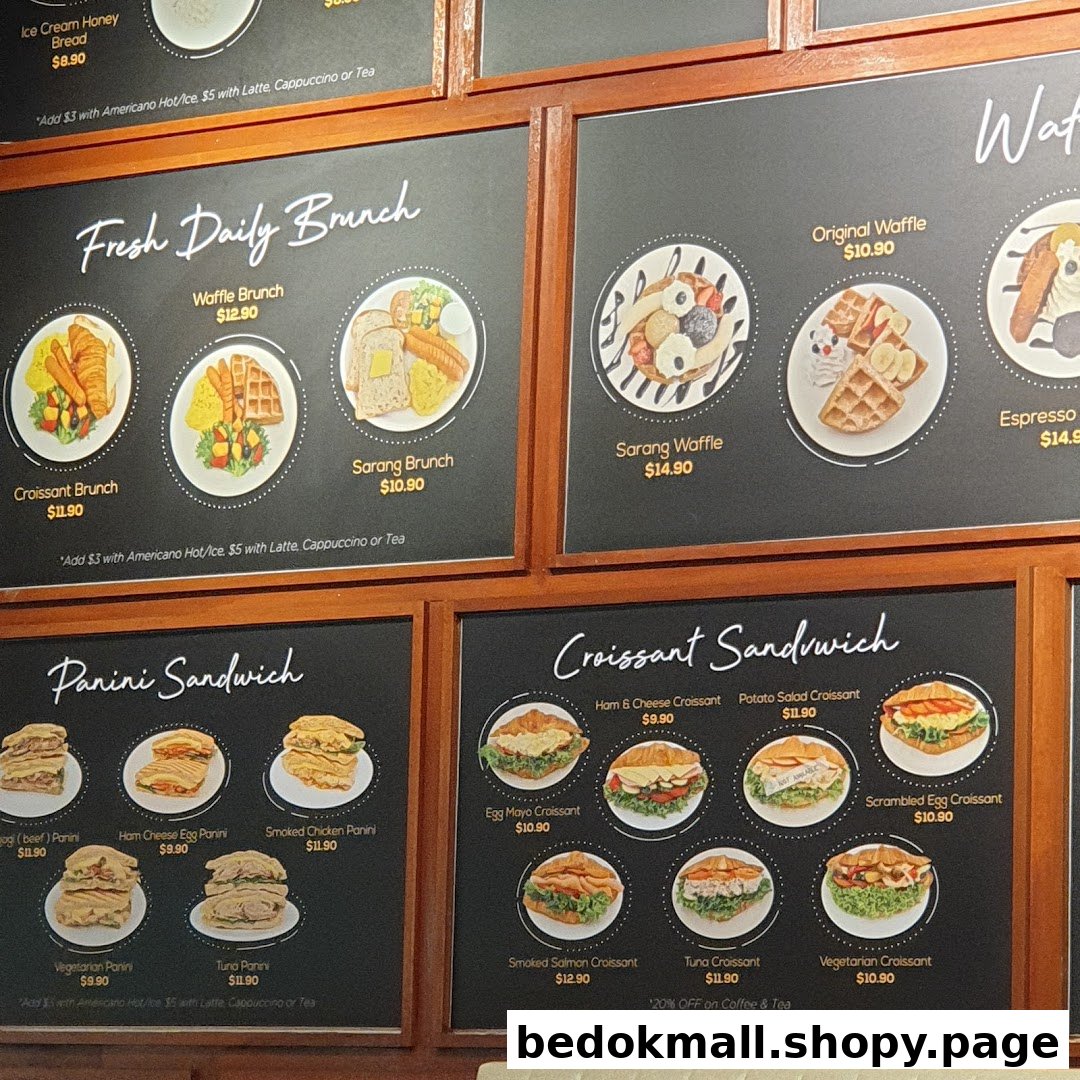 Multiple menu boards display various food items like brunch, waffles, and sandwiches with prices.