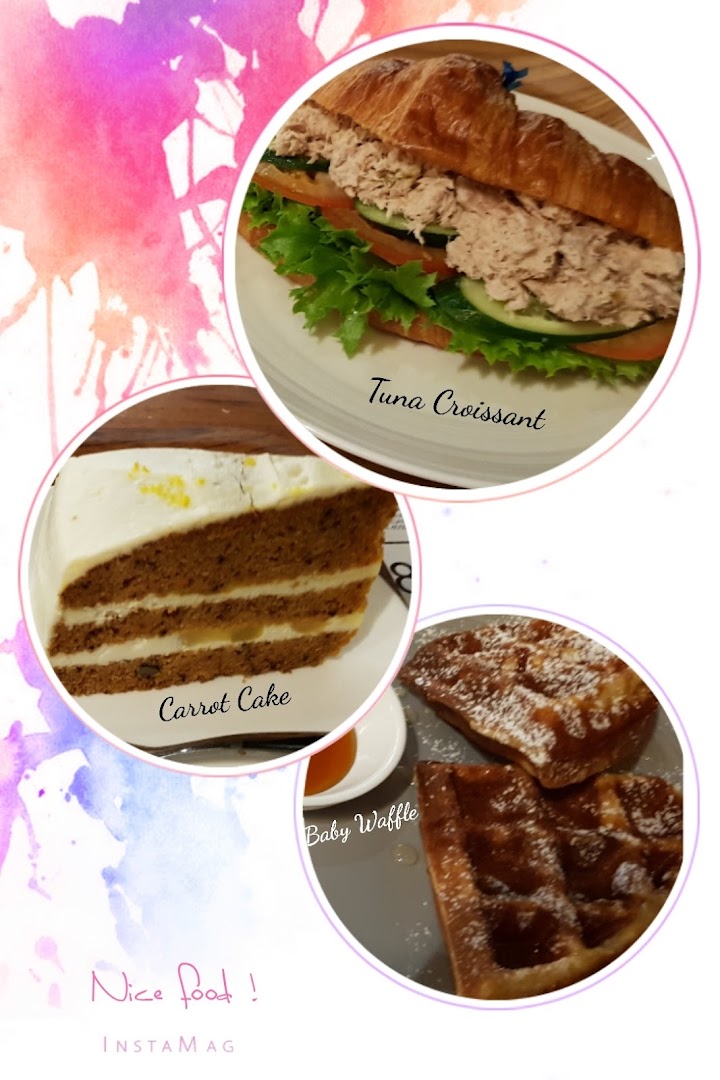 Image shows a tuna croissant, carrot cake, and waffles.
