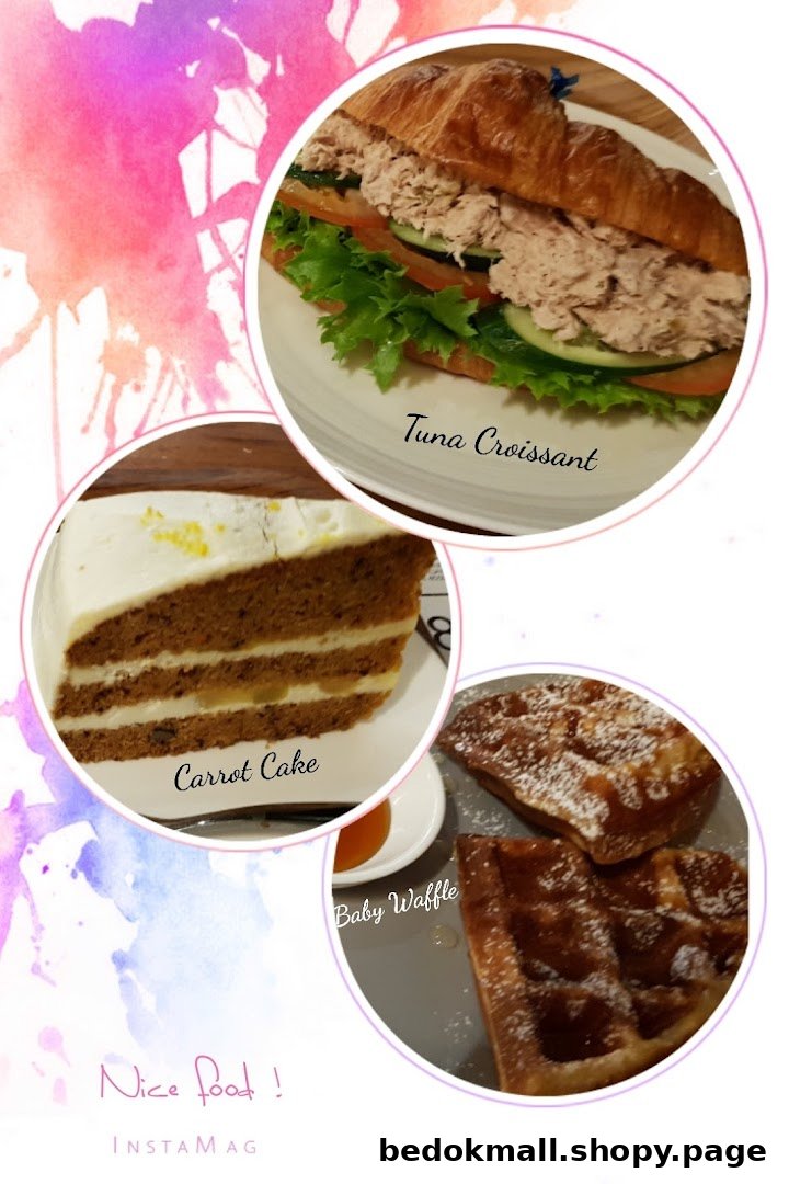 Image shows a tuna croissant, carrot cake, and waffles.