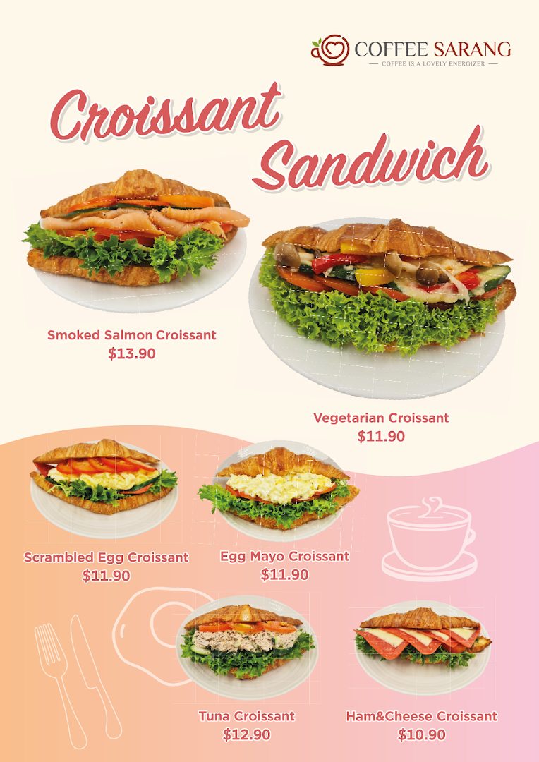 Menu displaying various croissant sandwiches with their names and prices.