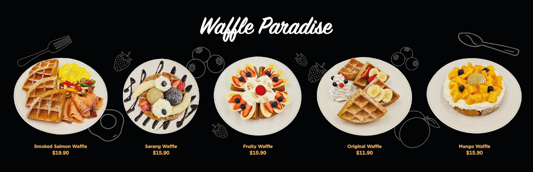 A menu displaying five different waffle dishes with prices.
