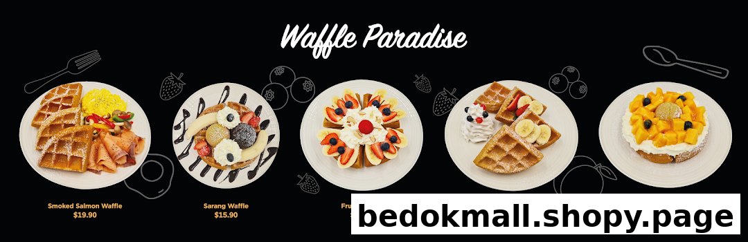 A menu displaying five different waffle dishes with prices.
