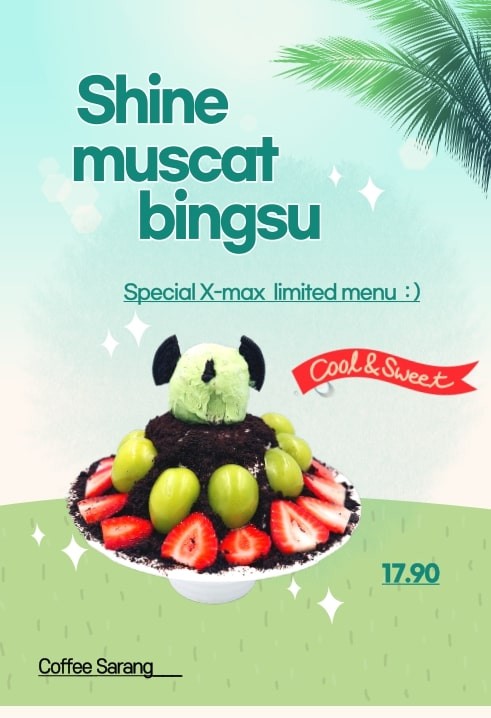 A menu image showing Shine muscat bingsu with fruit and price.